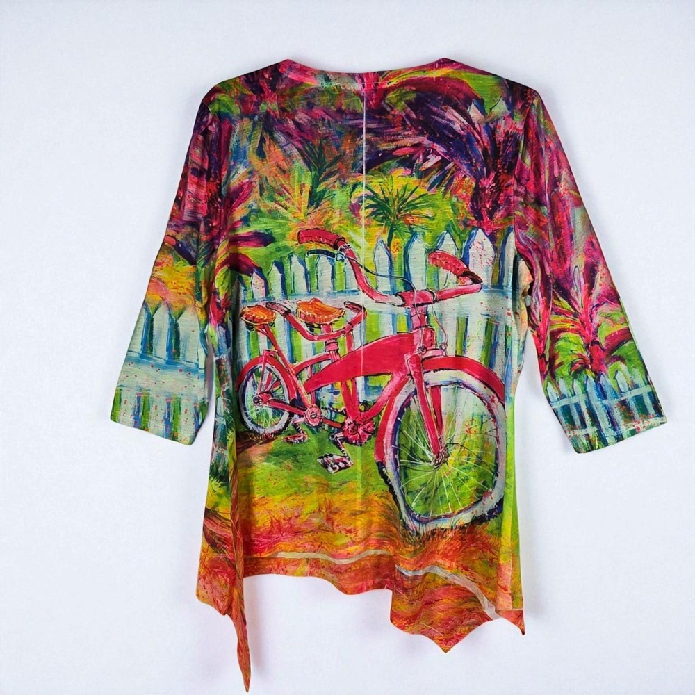 Leoma Lovegrove Tunic Top Woman Large Colorful Bicycle Print 3/4 Sleeve Artsy‎ - Picture 2 of 9